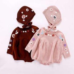 2PCS Baby Knitted Clothing for Boy Girl Solid Long Sleeve Rompers +Hat Autumn Toddler Kniting Design Flower Jumpsuit 210615