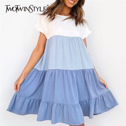 Casual Hit Colour Dress For Women O Neck Short Sleeve Loose Patchwork A Line Midi Dresses Female Summer Fashion 210520