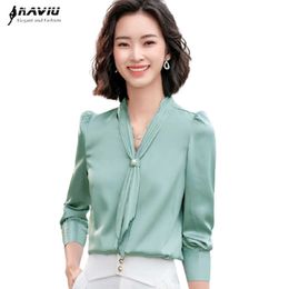 Professional Light Green Long Sleeve Chiffon Shirt Women Spring Temperament V Neck Bottoming Blouses Office Ladies Work Top 210604