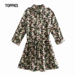 Summer Green Camouflage Mini Dress Woman Short Sleeve Shirt Single Breasted A-line Robe 210421