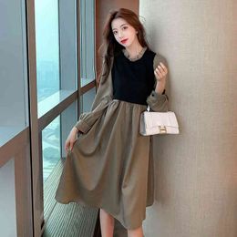 Spring Autumn Women Dress Elegant Plus Size Long Sleeve Knitted Patchwork Lace Up Hollow Out Fake Two Piece Dreses Korean 210518