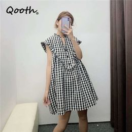 Qooth Retro Plaid V-neck Ruffled Sleeve Pullover Dres's Summer Style Loose Causal Short QT704 210609
