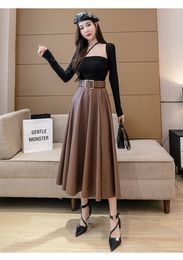 Autumn winter new design women's high waist with belt maxi long retro ball gown PU leather skirt solid color plus size SMLXL