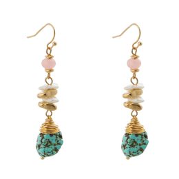 Dangle & Chandelier Bohemia Long Ethnic Blue Turquoises Stone Drop Earrings For Women Boho Jewellery Gold Earrings Pink Bead Jewellery