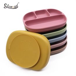 Silicone Dining Plate Solid Baby Feeding Silicone Plate Sucker Children Dishes With Lid BPA Free Kids Feeding Bowls Tableware 211027