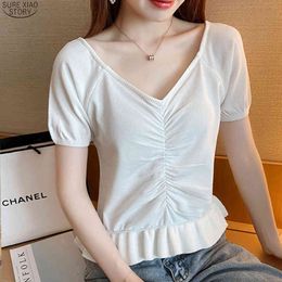Solid Pullover Blouse Seven Colours Blusas Summer Short-Sleeve V-neck Cotton Women Shirt Casual Puff Sleeve 10058 210415