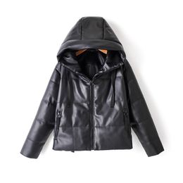PU Leather Parkas Women Fashion Hooded Faux Leather Coats Ladies Elegant Zipper Cotton Jackets 210520