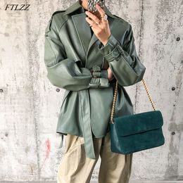 FTLZZ Spring Autumn Women Faux PU Leather Casual Streetwear Outwear Motorcycle Jacket with Belt Green Biker Coat