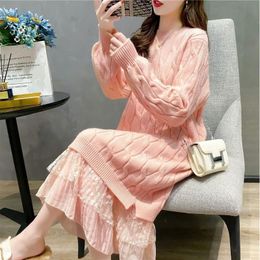 Women's Sweaters Internet Famous Lace Stitching Woollen Skirt Idle Style Loose Korean Western Cable-Knit Sweater Outdoor