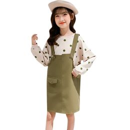 Girls Clothes Dot Sweatshirt + Jumpsuit Teenage Clothing Casual Style For Spring Autumn Kid 210528