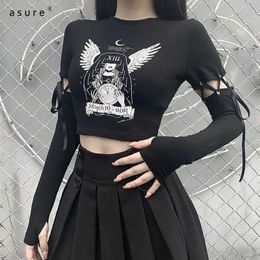 Goth T-shirt Y2k Crop Tops Women Clothing Harajuku Graphic Moto T Shirts Vintage Punk Tees Kawaii Basic Toppies 22188P 210712
