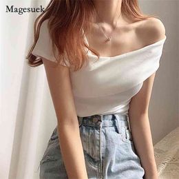 Summer Sexy Off Shoulder T-shirt Women Cotton Short Sleeve T Shirt Lady Elegant Fashion Solid Slim White Tees Blusas 13851 210512