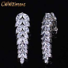 Sparkly Leaf Shape Non Piercing Ear Jewellery CZ Crystal Long Dangle Drop Women Clip On Earrings No Pierced Hole CZ243 210714