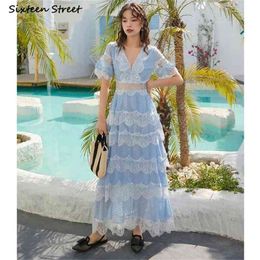 Summer Beach Dress Woman Blue Lace V-neck Holiday Female Vestido High Waist Vintage Party es Clothing 210603