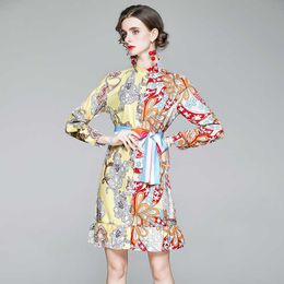 Women Vintage Floral Print Shirt Dress Autumn Designer Elegant Ladies Stand Neck Long Sleeve Fashion Fishtail Dresses Vestdios 210525