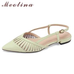 Meotina Cutouts Low Heel Shoes Slingbacks Women Pumps Pointed Toe Block Heels Footwear Ladies Buckle Summer Shoes Green White 210608