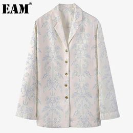 [EAM] Women White Pattern Printed Big Size Blouse Lapel Long Sleeve Loose Fit Shirt Fashion Spring Autumn 1DD6931 21512