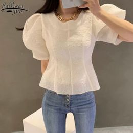 Korea Style Chic Bubble Sleeve Round Neck Women Blosue Short Slim Shirt Office Lady Top Female 13945 210427