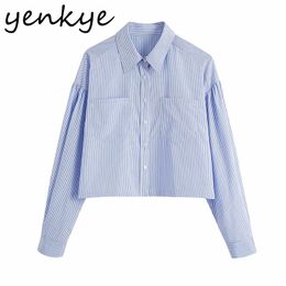 Blue Striped Blouse Shirt Women Lapel Collar Long Sleeve Pockets Plus Size Blusas Female Streetwear Summer Crop Top 210514