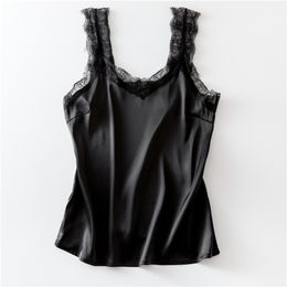 Sexy Lace Tank Top Women Summer Casual Satin Silk Vest Backless Lace-up Basic Tops Black Sleeveless Camisole T-Shirt 210401