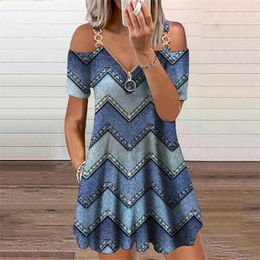 Fashion Striped Print Mini Dresses 2021 Summer New Women's Clothing Casual V-Neck Straps Off Shoulder Mini Party Dress Oversized Y1006