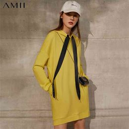 Amii Minimalism Spring Hoodies For Women Causal Hooded Solid Loose Long Women's Dress Female Pullover Tops 12180006 210809