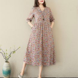 V-neck Print Floral Prairie Chic Vintage Dress Soft Cotton Linen Short Sleeve Loose Summer Women Holiday Casual Dresses