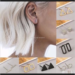 Stud Fashion Simple Design Bar Triangle Square Round Rec Ear Studs Hollow Geometric Irregularity Women Earrings Gold Sier Black Keqsi Qusnz