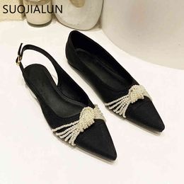SUOJIALUN 2021Women Spring Pointed Toe Flats Ballet Shoes Brand Pearl Decoration Dress Shoes Female Ballerina Work Shoes Mujer C0407