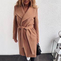 Styles Women Winter Solid Colour Long Sleeve Lapel Woollen Cardigan Warm Midi Trench Coat