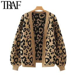 TRAF Women Fashion Leopard Pattern Loose Knitted Cardigan Sweater Vintage Lantern Sleeve Female Outerwear Chic Tops 210922