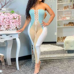 Sexy Women Off Shoulder Strapless Jumpsuit Lace Up Patchwork Bodycon Slim Summer Rompers Causal Long Trousers 210521