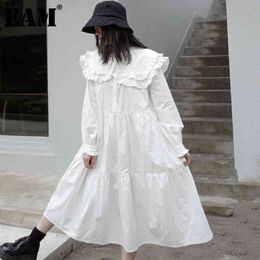 [EAM] Women White Big Size Pleated Ruffles Elegant Dress Ruffled Long Sleeve Loose Fit Fashion Spring Autumn 1DD8318 21512