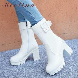 Meotina Winter Mid Calf Boots Women Buckle Platform Chunky Heels Boots Zipper Super High Heel Shoes Female Autumn Big Size 34-43 210608