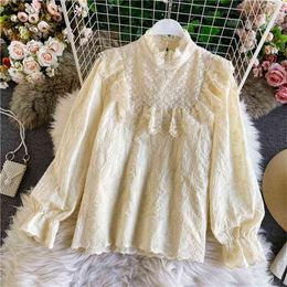 Autumn Sweet Temperament Trumpet Long-sleeved Shirt Women's Ruffled Top Loose Fold Half High Collar UK355 210506