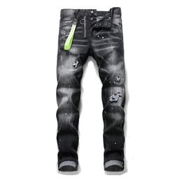 Men's jean Hip hop pants street trend Zipper chain decoration ripped Rips Stretch Black Fashion Slim Fit Washed Motocycle Panelled Christmasxcfr