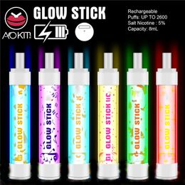 -Аутентичные Aokit Glow Stick E-Cigarettes Одноразовые Устройство для устройств POD RGB Light 2600 Загониевая Аккумуляторная батарея 8ML Префилированный Vape Pen Original VS Bar Plus
