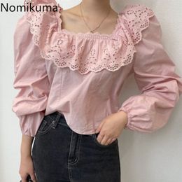Nomikuma Sweet Womens Tops Hollow-out Lace Ruffle Square Collar Blouse Shirt Causal Puff Sleeve Spring Summer Blusas 6G731 210427
