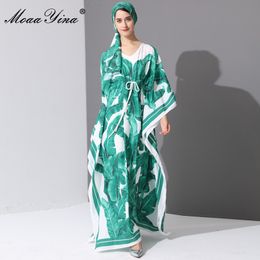 Runway Fashion Designer Maxi Dress Spring Women's Batwing Sleeve Green Palm Leaf Floral Print Loose Casual Long 210524