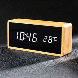 100% Bamboo Digital Alarm Clock Adjustable Brightness Voice Control Desk Large Display Time Temperature USB/Battery Powered 211111