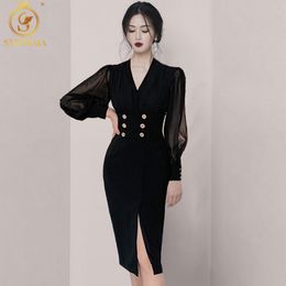 Women Double Breasted Autumn Winter Sexy V Neck Slim Dresses Office Ladies Elegant Chiffon Stitching Vestido 210520