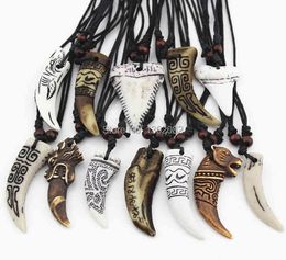 Whole 12pcs Mixed Cool Imitation Bone Carved Dragon Totem Shark/Wolf Tooth Pendant Necklace Amulet MN465