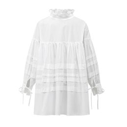 Black White Ruffle Stand Collar Puff Long Sleeve Lace-up Bow Loose Solid Shirt Autumn B0663 210514