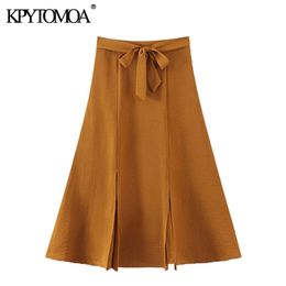 Women Chic Fashion With Bow Tie Sashes Front Slit Midi Skirt High Waist Back Elastic Female Skirts Mujer 210420