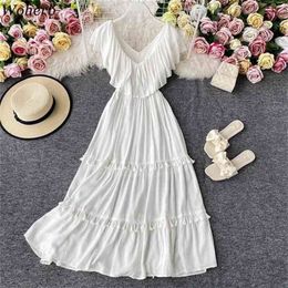 Casual Beach Style White Dress Women Elegant Ruffle V-neck Dresses Sexy Backless Robe Korean Chic Sweet Vestidos Mujer 210519