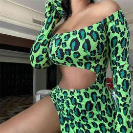 OMSJ Style Green Leopard Printing Mini Dresses Off-shoulder Full Sleeve Hollow Out Sexy Irregular Lady Bandage Vestidos 210517