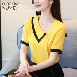 Summer Fashion Solid Colour Slash Neck Decoration Shirt Blouse Short Sleeve Chiffon Office Lady Style 9203 50 210508