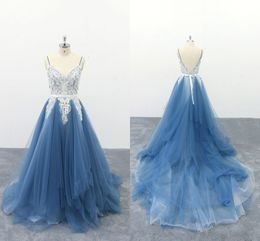 Dusty Blue Tulle Party Evening Gowns Formal Dresses 2021 Ivory Lace Spaghetti V-neck Layers Prom Vestidos De Festido Special Occasion Women