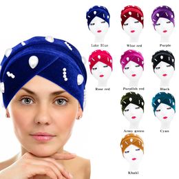 New Velvet Turbans For Women Pearls Turban Femme Musulman Women's Head Scarf Turban Cap Winter Indian Hat Ethnic Turbante