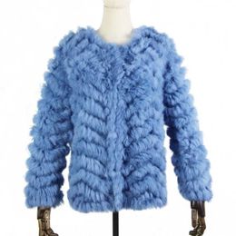 Real Fur Knitted Rabbit coat jacket Fashion stripe sweater Lady Natural Wedding Party Wholesale 211110